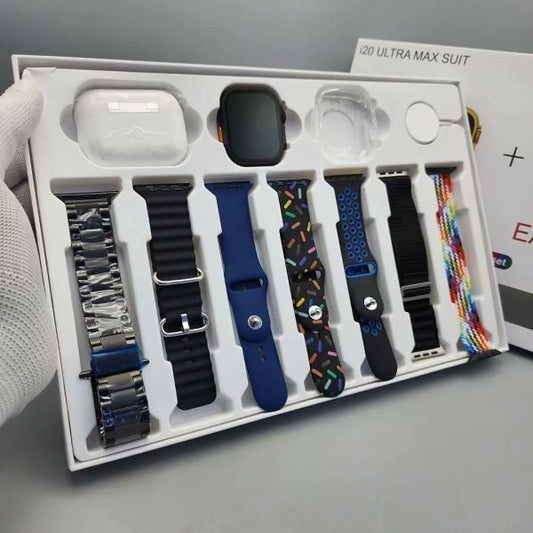 i20 Ultra Max Suit Smartwatch & Earbuds Combo – 10-in-1 Set with 7 Straps